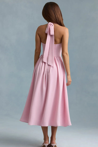 Button-Detail Halterneck Midaxi Dress in Soft Pink
