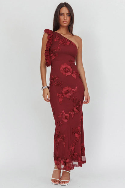Deanna One-Shoulder Ruffle Maxi Dress Floral Texture Wine