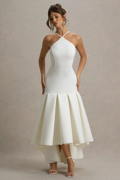 Mavis | Cream Halter-Neck Maxi Dress With High-Low Skirt