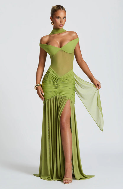Sylarine – Bardot dress with sheer details and a slit