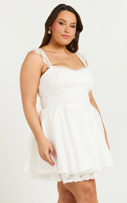 Adalee Mini Dress - Sleeveless Ruched Bodice Lace Trim Dress in Off White