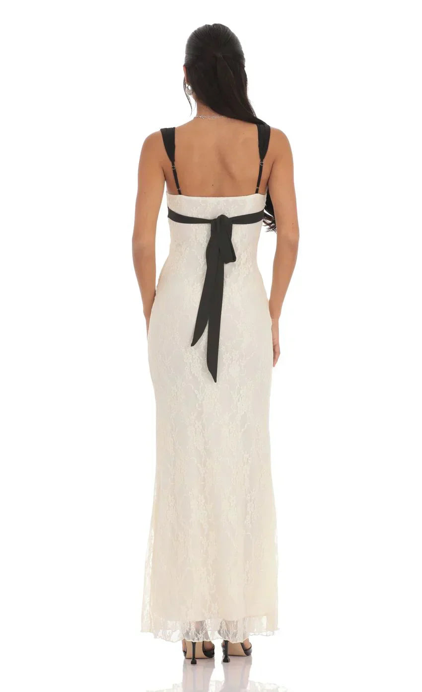 Two-Toned Lace Maxi Dress in Cream