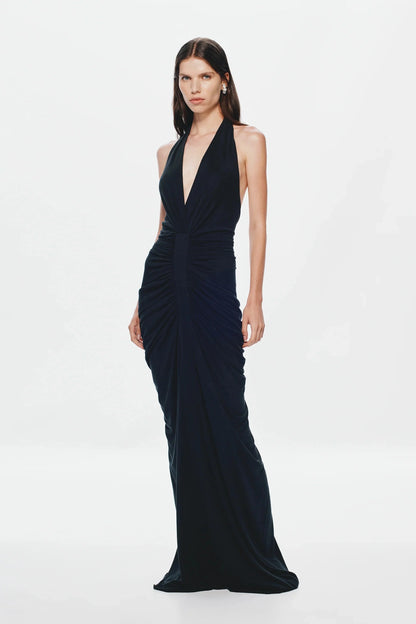 Misha Venus Gathered Cupro Dress - Black