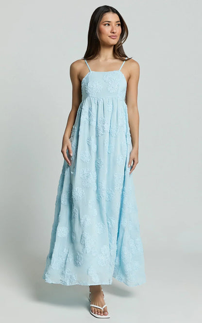 Claya Maxi Dress - Sleeveless Straight Neckline Floral Detail Dress in Pale Blue