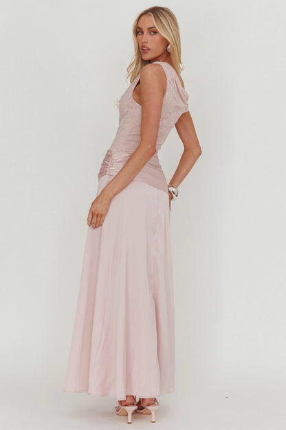 Diana Asymmetric Shoulder Pleat Waist Maxi Dress Blush