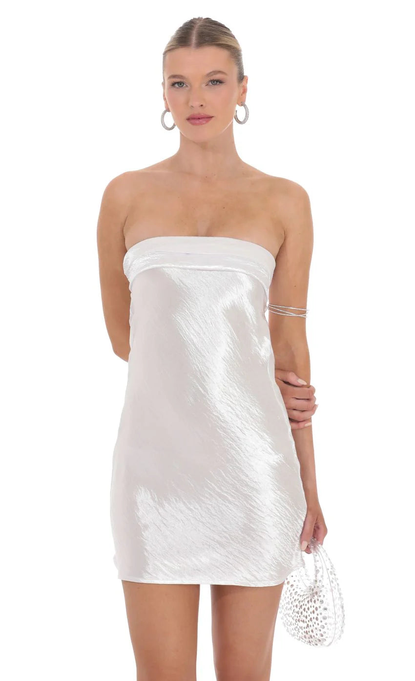 Satin Strapless Slip Dress in White