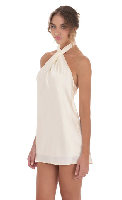 Satin Cross Halter Dress in Cream