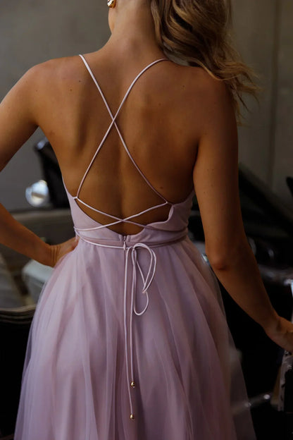 Floating By Pleated Neckline Mesh Midi Dress Blush