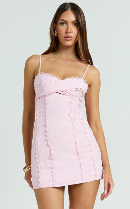 Gigi Mini Linen Blend Dress - Sweetheart Tie Back Scallop Detail Dress in Pink