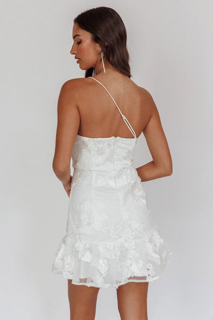 Lilah One-Shoulder Embellished Rosette Dress White