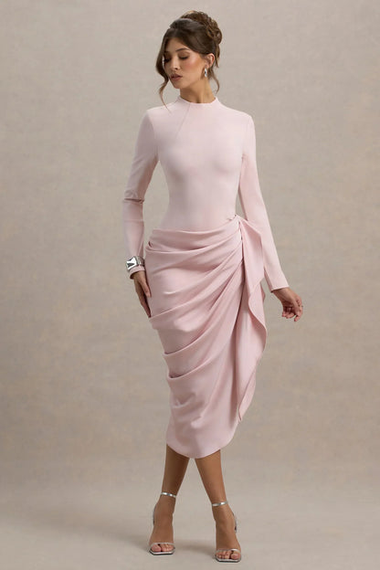 Raffie | Pink Long-Sleeve Midi Dress With Satin Wrap Skirt
