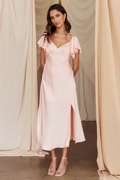 Park Avenue Flutter Sleeve Side Split Midi Dress Blush