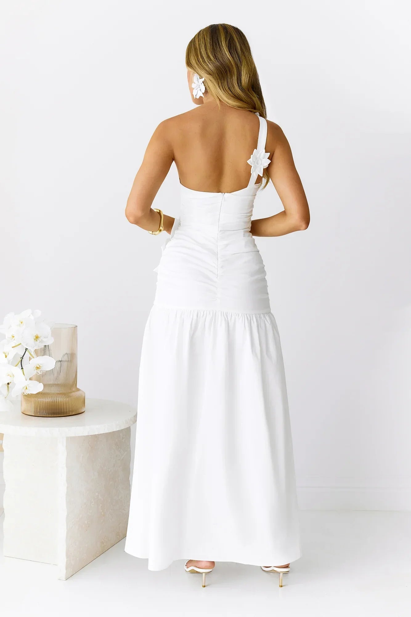 Blooming Whimsy One Shoulder Maxi Dress White