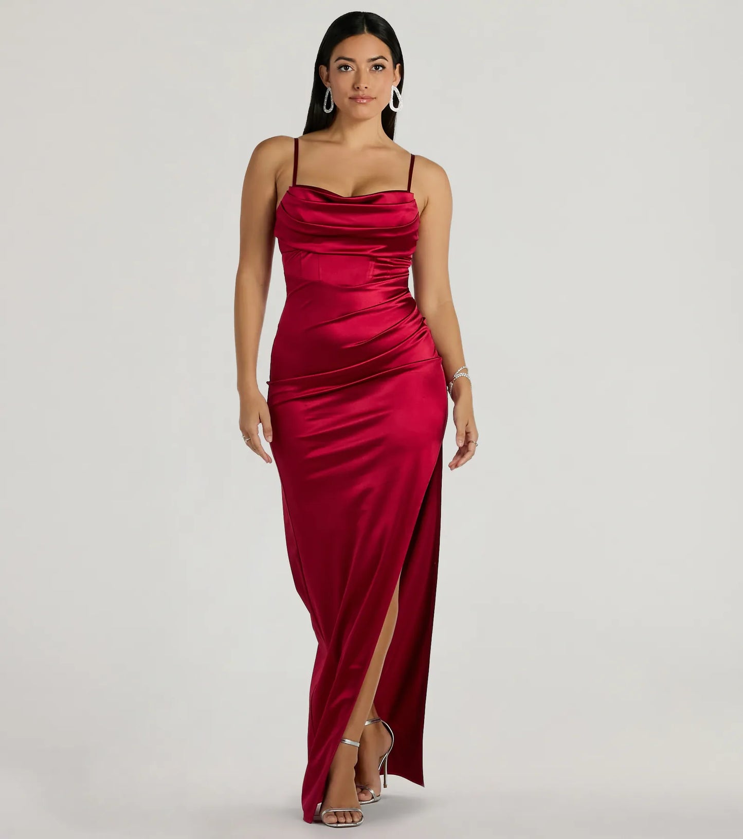 Iliana Cowl Neck High Slit Satin Column Dress
