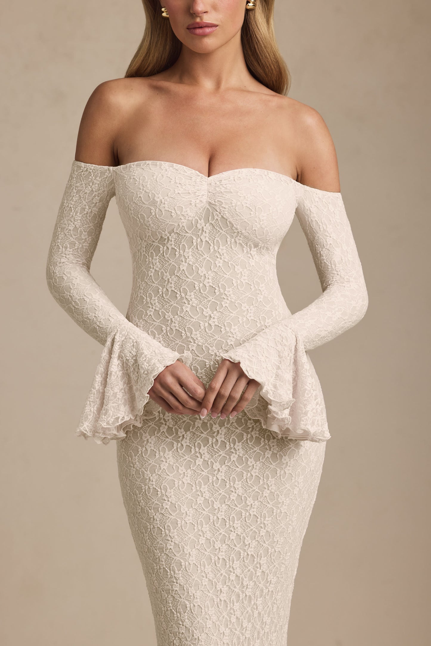 Off-Shoulder Ruffle Lace Maxi Dress in Ivory