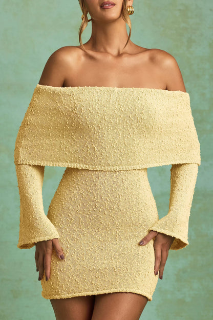 Bouclé Off-Shoulder Mini Dress in Yellow