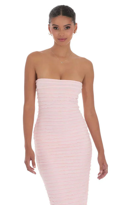 Strapless Ruffle Maxi Dress in Pink