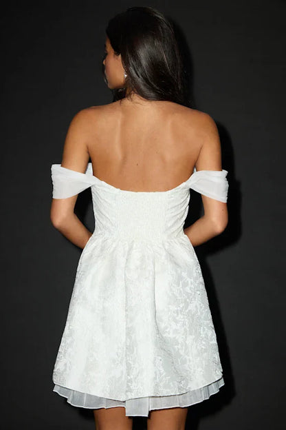 Kalara White Jacquard Off-the-Shoulder Mini Dress