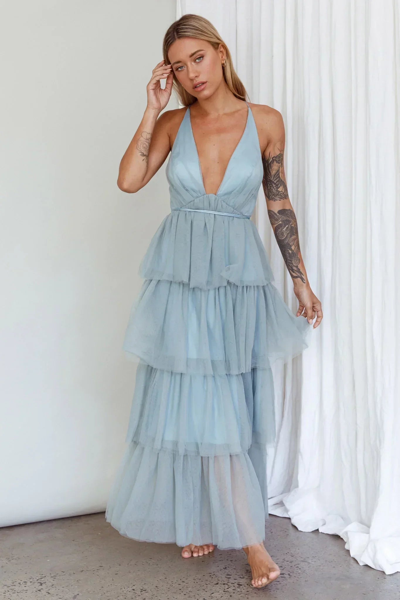 Auguste Tiered Frill Midi Dress Sage Green