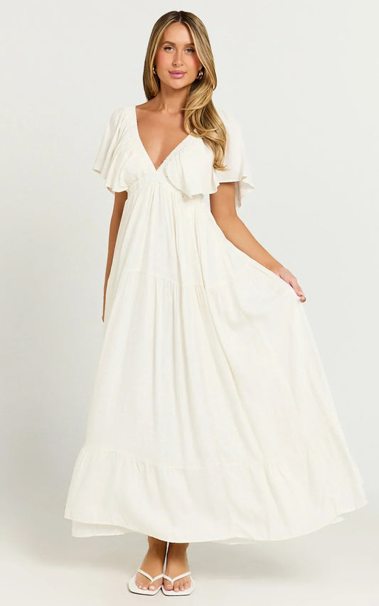 Lyrad Midi Dress Linen Empire Waist Textured Dress in White