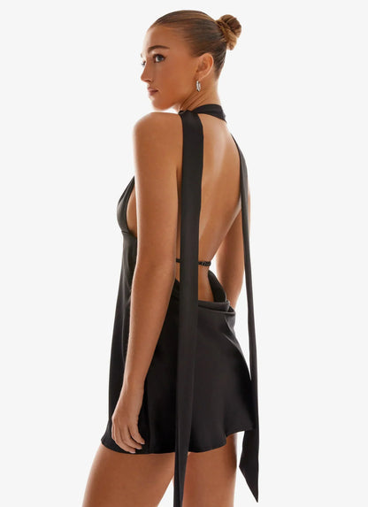 Alicia Satin Halter Mini Dress - Black