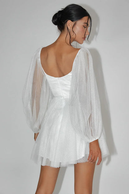 Fairytale Dream Pleat Neckline Mini Dress Sparkle White/Gold