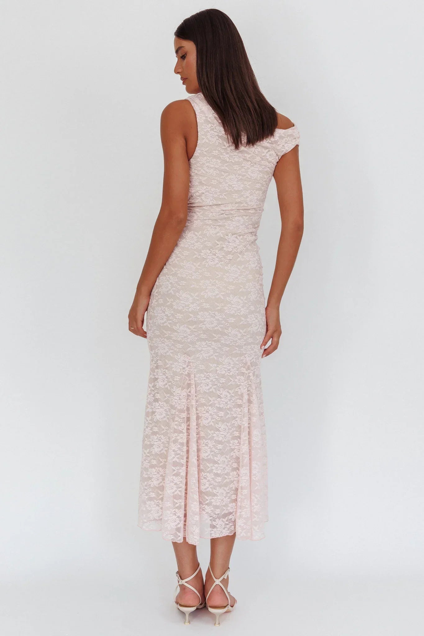 Diana Asymmetric Shoulder Godet Maxi Dress Lace Pink