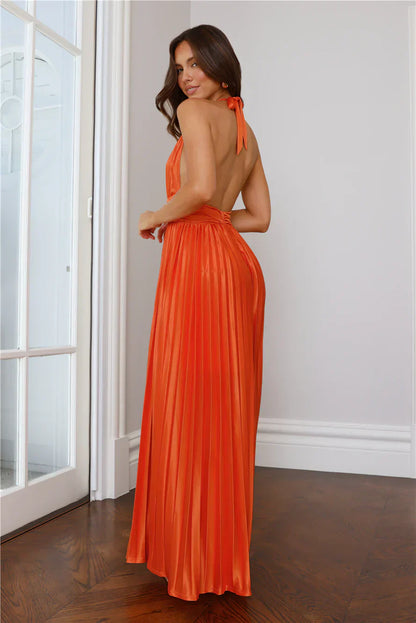 Shimmering Sea Pleated Halter Maxi Dress