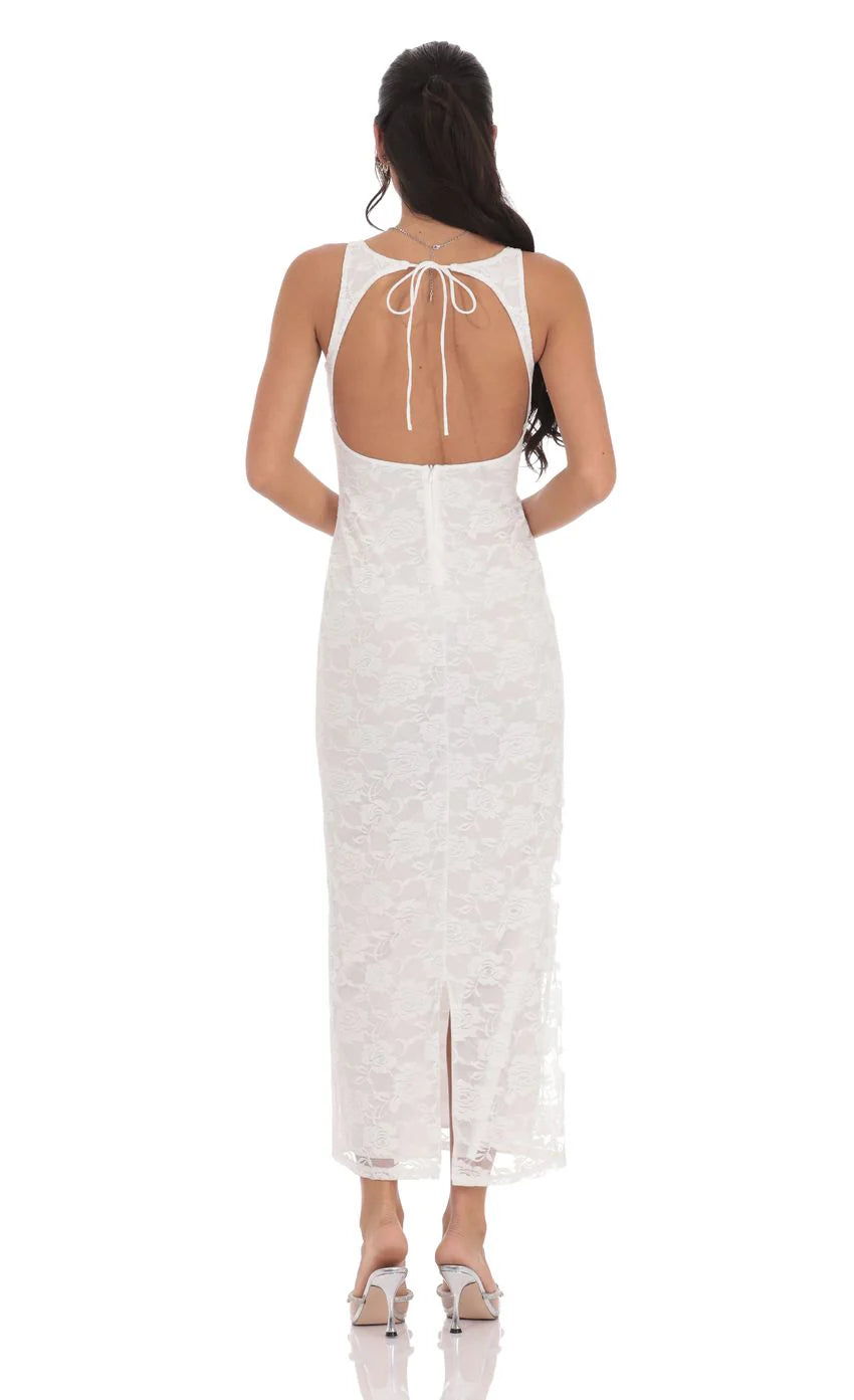 Lace Open Back Bodycon Maxi Dress in White