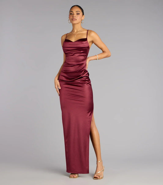 Jane Cowl Neck Slit Satin Formal Column Dress