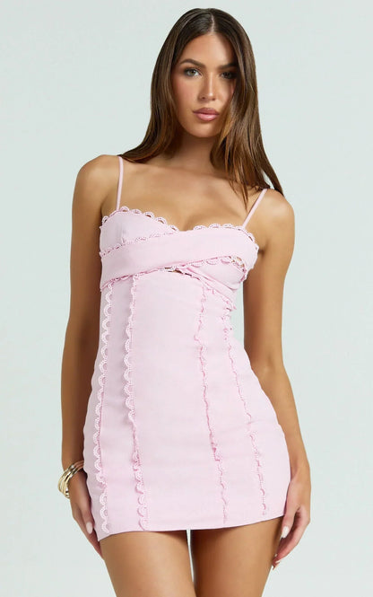Gigi Mini Linen Blend Dress - Sweetheart Tie Back Scallop Detail Dress in Pink