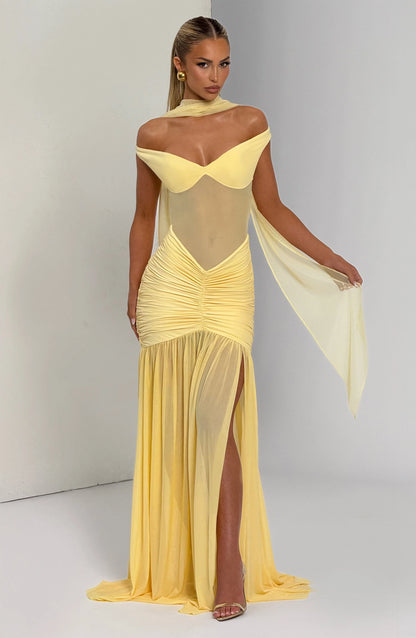 Sylarine – Bardot dress with sheer details and a slit