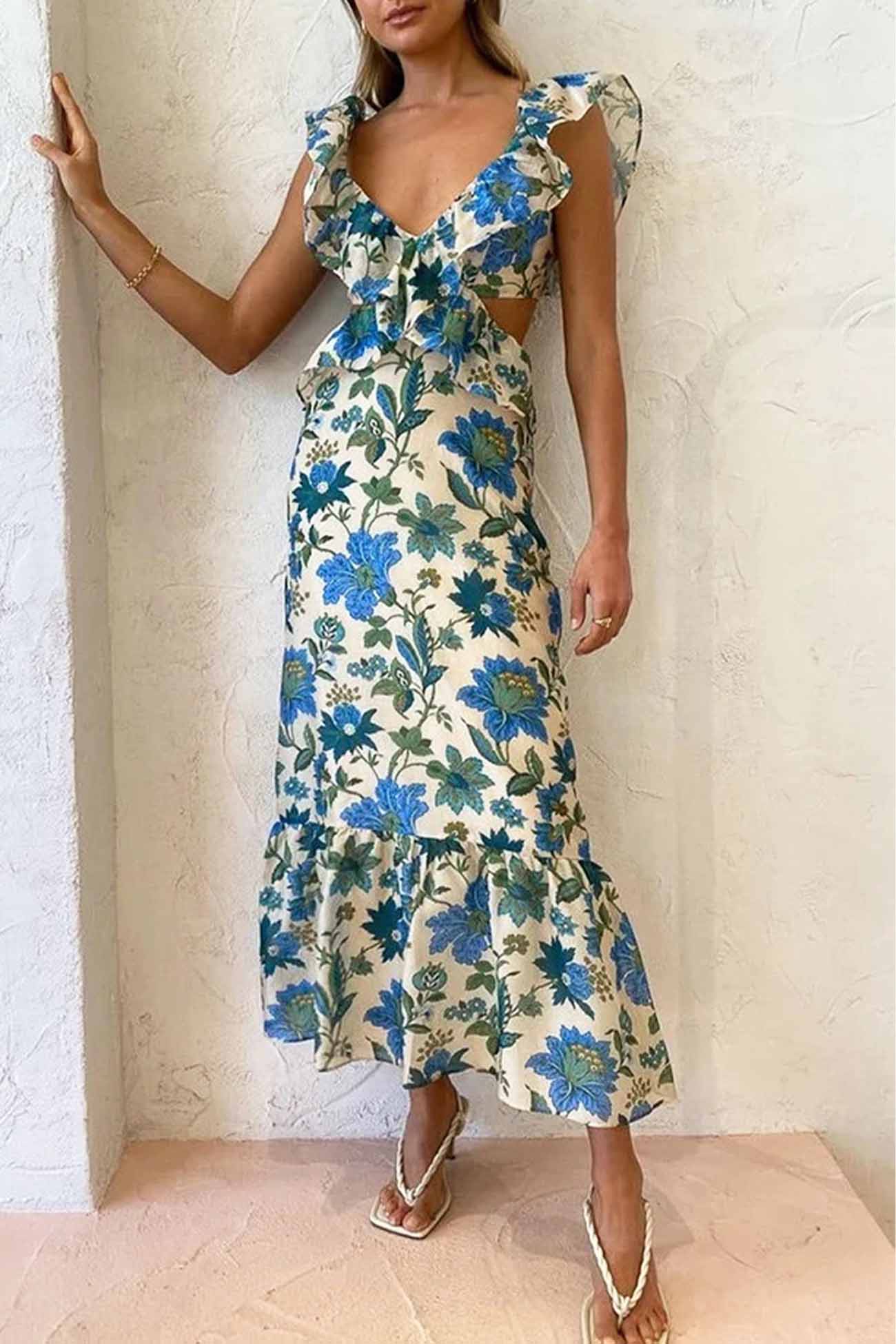 Amelora – Romantic Ruffle Dress with Floral Print