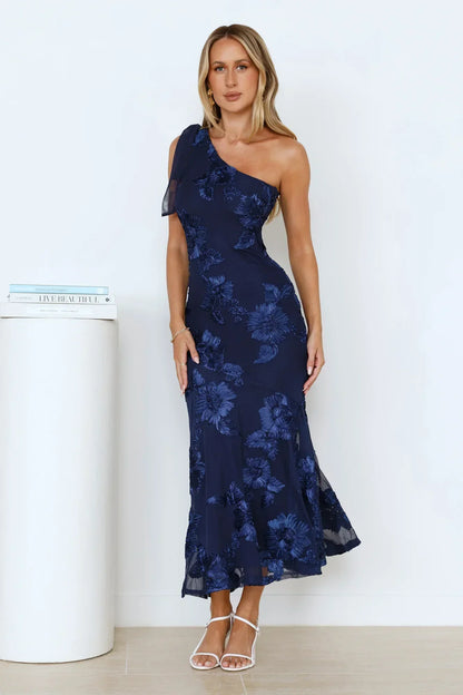 Glossy Girl One Shoulder Mesh Maxi Dress