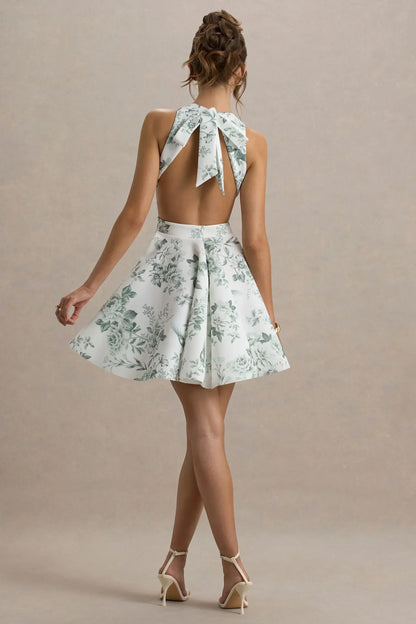 Waverly | Green Porcelain Print Racer-Neck Sleeveless Skater Mini Dress