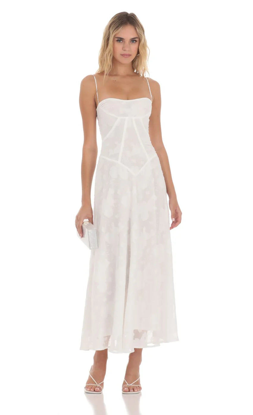 Textured Floral Maxi Dress in White