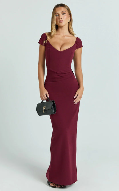 Veronika Maxi Dress - Off Shoulder Plunge High Split Dress in Wine