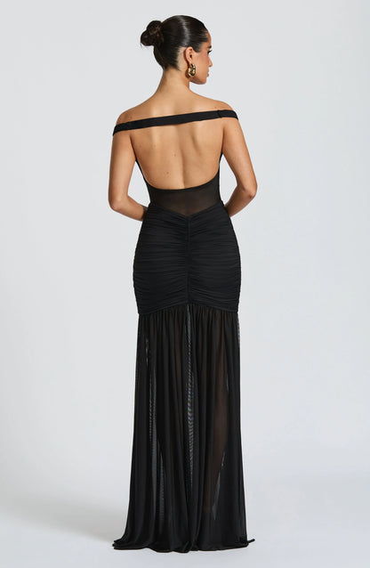 Sylarine – Bardot dress with sheer details and a slit