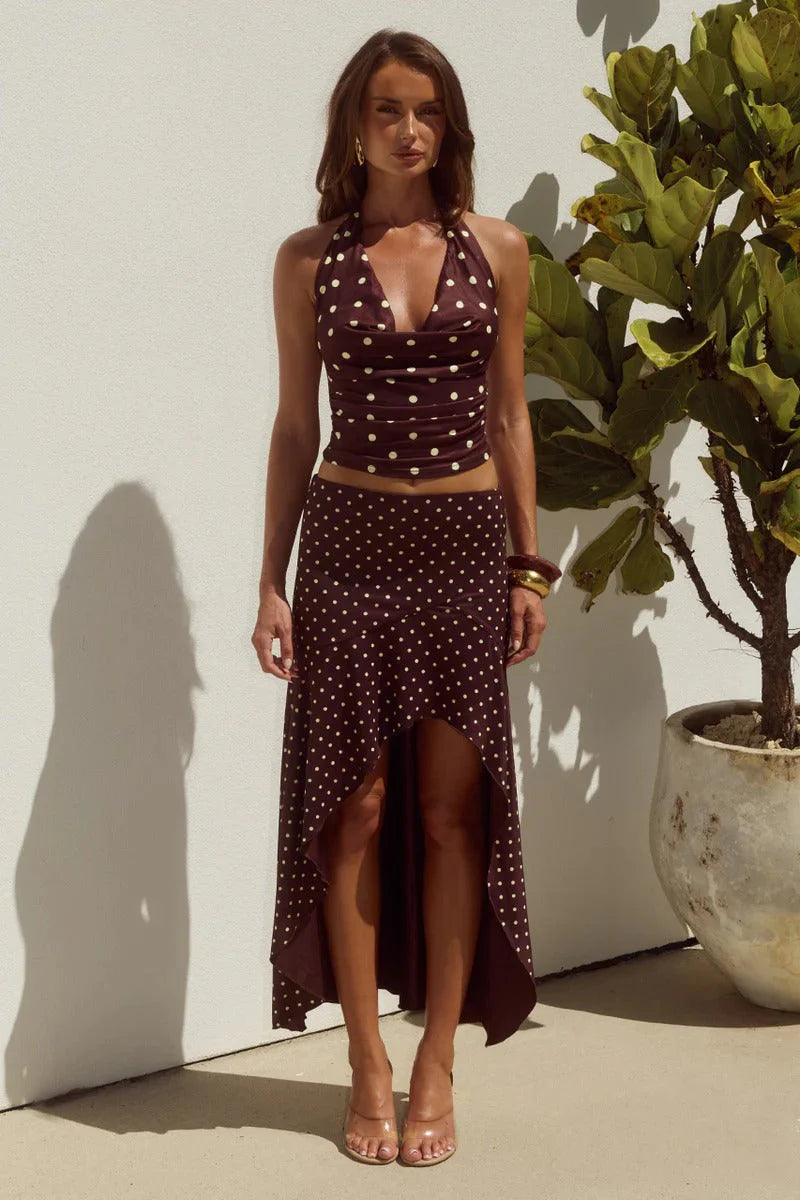 Melody Halter Top - Choc/Lemon Polka