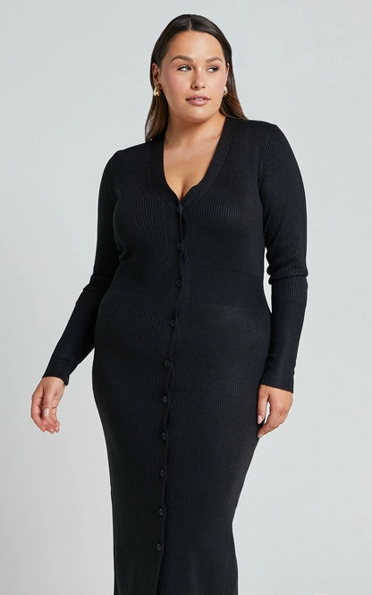 Leahanna Midi Dress - Button Front Knit Dress in Black