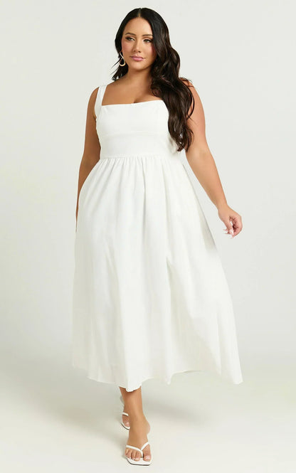 Khari Midi Dress - Linen Look Square A Line Dress in White