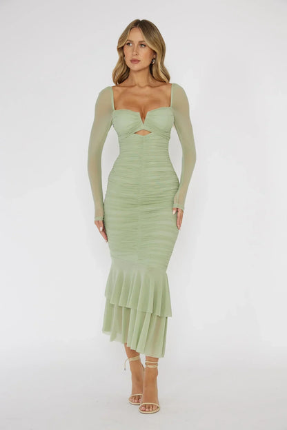 Nadia Long Sleeve Fishtail Midi Dress Mint
