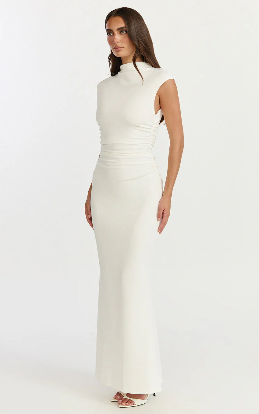 Eira Maxi Dress - High Neck Cap Sleeve Maxi Dress in White