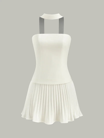 Halter Neck Strapless Pleated Mini Dress