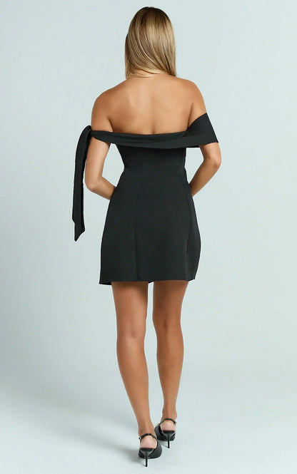 Cecilia Mini Dress Off Shoulder Tie Detail Dress in Black