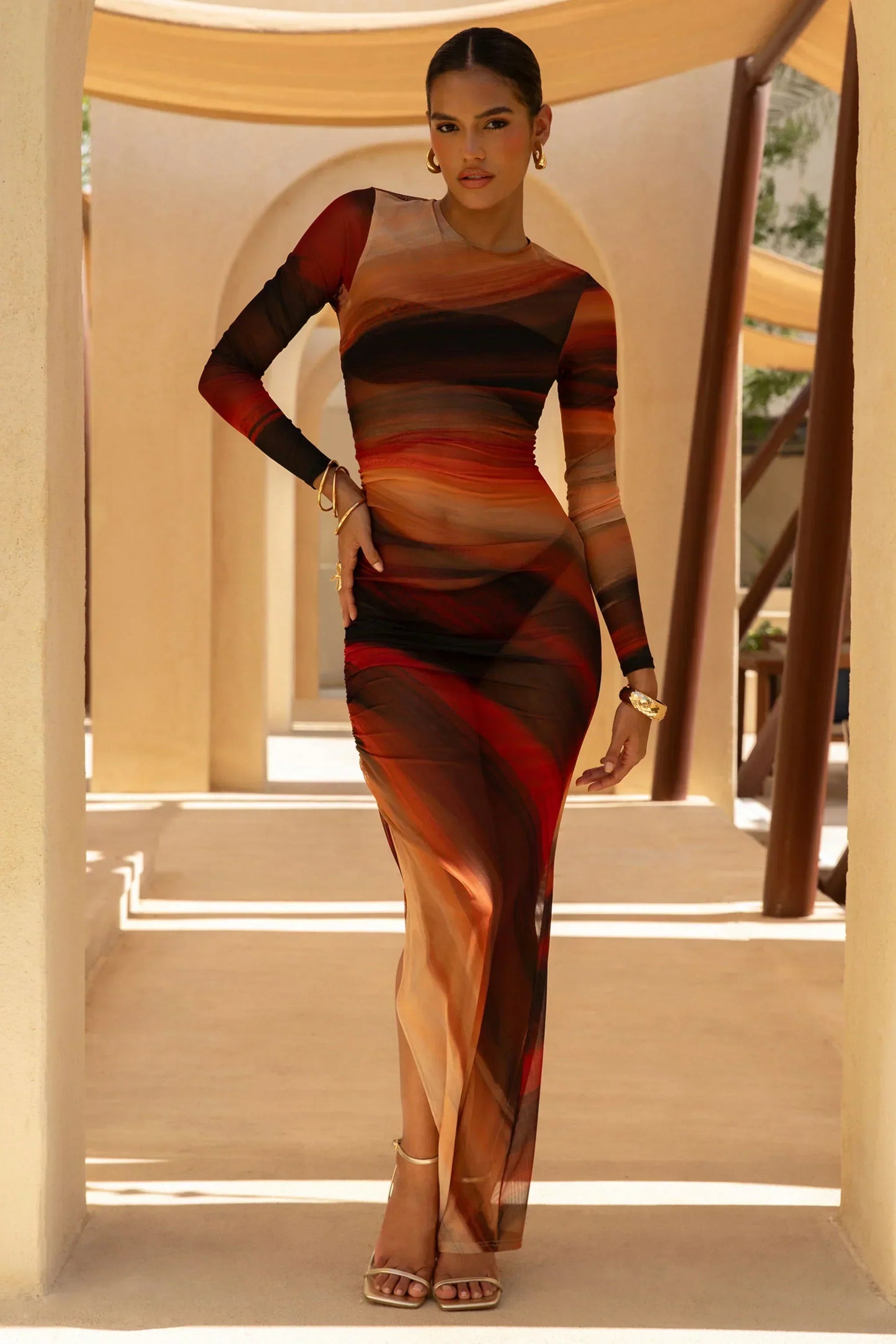 Barzilio | Ombre Long-Sleeve Bodycon Maxi Dress