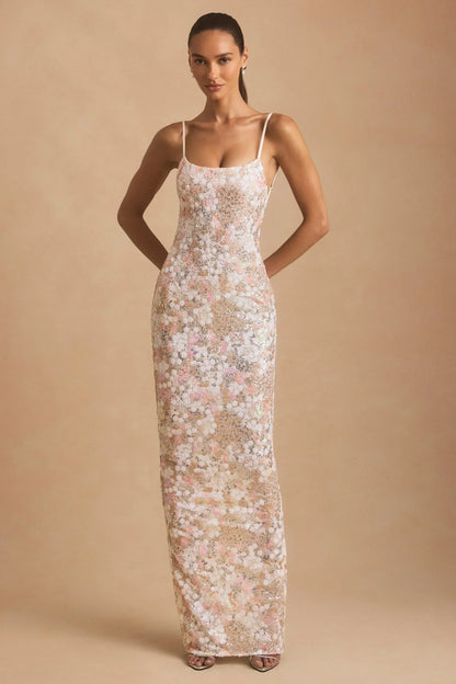 Embellished Scoop-Neck Backless Maxi Dress in Ivory
