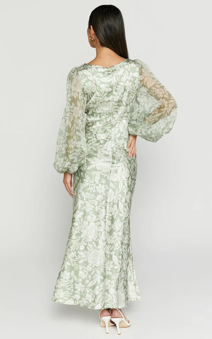 Freollyn Midi Dress - Deep V Neck Long Sleeve Dress in Sage