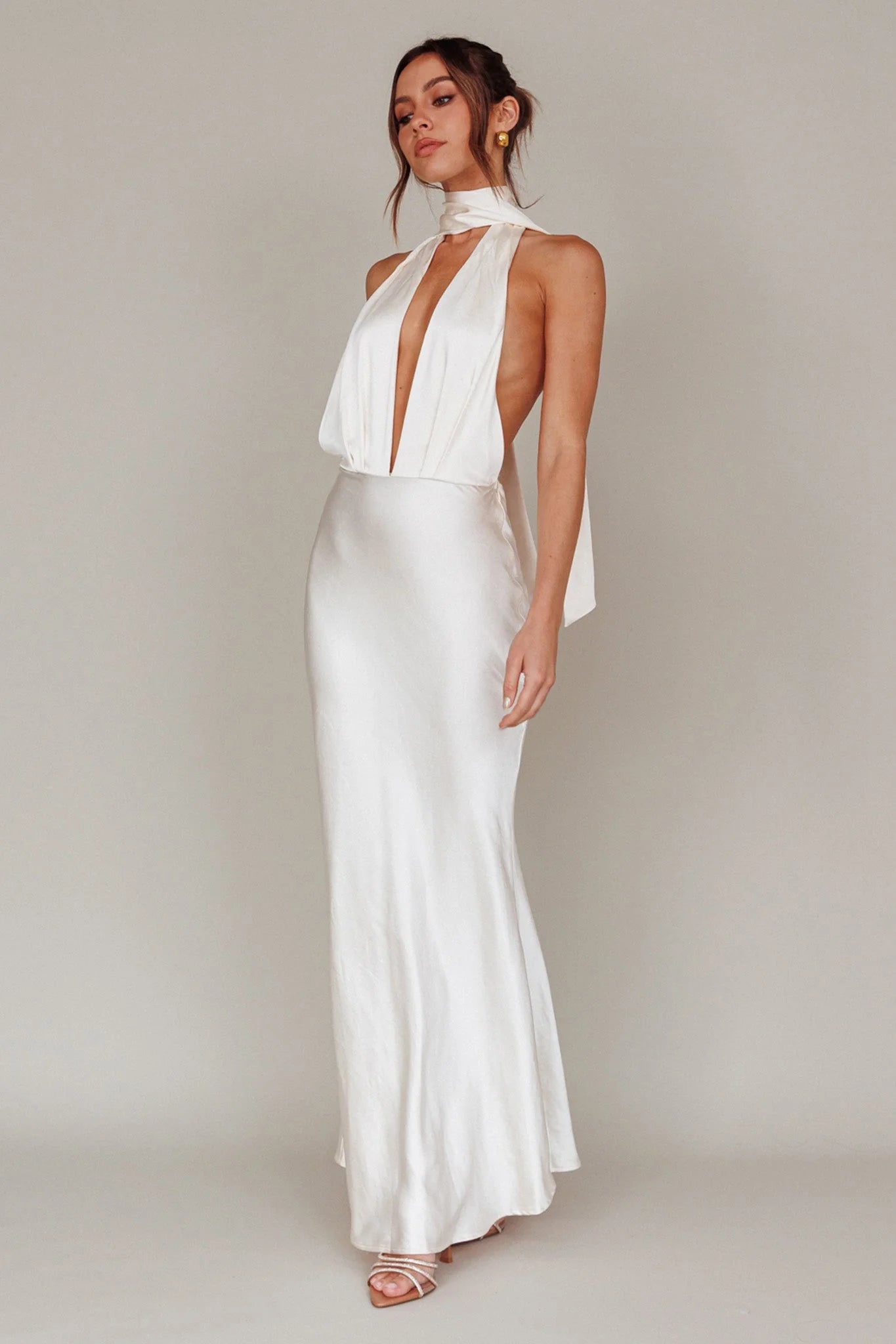 Italia Azure Halterneck Maxi Dress Oyster