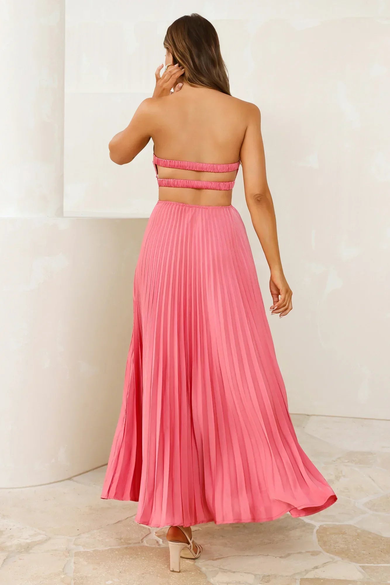 Vibes Are Priceless Strapless Satin Pleated Maxi Dress